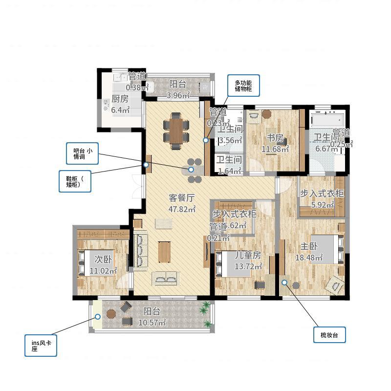 L&K设计工作室-融创美盛象湖壹号183.00㎡三期高层D户型4室2厅3卫1厨装修效果图