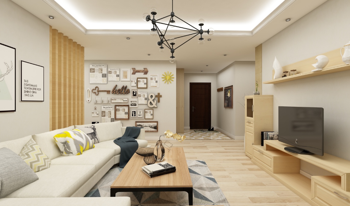 这是一个明亮的客厅，整体色调以米色和原木色为主，给人一种温馨舒适的感觉。墙面以白色为主，搭配一些灰色装饰，增加了空间的层次感。