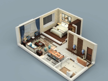 Ellen空间设计-荷兰小镇-客厅卧室装修俯视图
