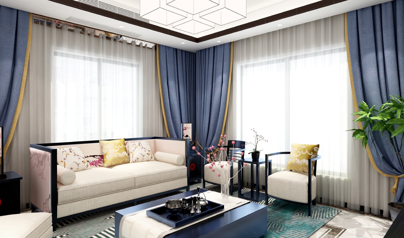 这是一个新中式风格的客厅。墙面是白色和蓝色相间的，窗帘是蓝白相间的。吊顶是白色的，中央挂着一个方形的白色灯盘，灯盘上挂着四个白色的灯泡。地面铺着一张蓝绿色和白色拼接的地毯。客厅的家具是深色的木色，包括一个浅色的沙发和两个白色的单人沙发。沙发和茶几上铺着黄色和白色格子的毯子。沙发后面墙壁上有一个装饰有樱花的柜子。房间的一侧墙壁上放着一张黑色的桌子，桌子上放着一个黑色的茶具套装。房间的一角放着一个黑色的花架，花架上放着两颗绿色的植物。