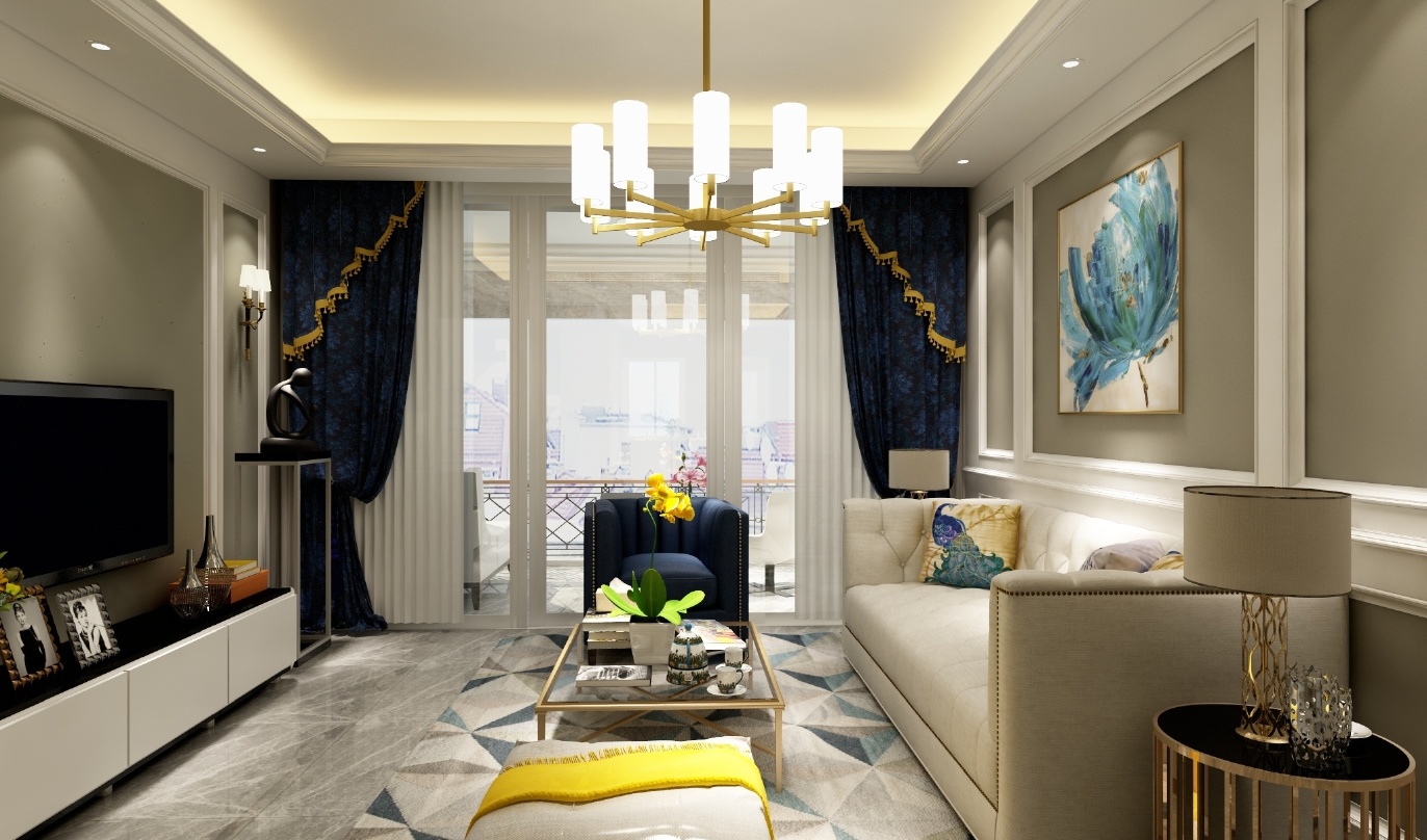 这个场景是一个客厅的装修设计。吊顶上做了简单的圈边，配上精致的灯饰，整个空间非常大气。影视墙与客厅其他区域以地砖进行区分，显得非常专业。影视墙的旁边是客厅的沙发组，墙上的画非常的有特色，沙发组旁边是两个黄蓝色的地毯，使得空间更加有层次感。整个空间的颜色搭配非常协调，显得非常舒适和优雅。