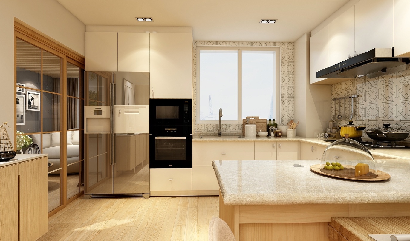 这是一个厨房，色调以白色和原木色为主，冰箱、炉灶和烤箱都是黑色的，冰箱位于左侧，炉灶和烤箱位于右侧。厨房台面是白色的，上面有一个果盘，里面放着苹果。厨房的右侧有一个窗户，窗户下方有一个大理石质感的岛台。厨房地面铺着黄色的木地板。