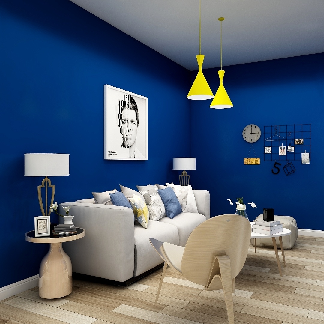 这个客厅的墙面是蓝色的，地面上铺了木质的地板。墙面还挂着一些装饰品，例如黄色的灯具、白色的沙发、灰色的挂画、白色的桌子、灰色的单人沙发、灰色的抱枕、黄色的台灯、灰色的时钟、原木色的置物架等。整个空间给人一种清新、自然的感觉。