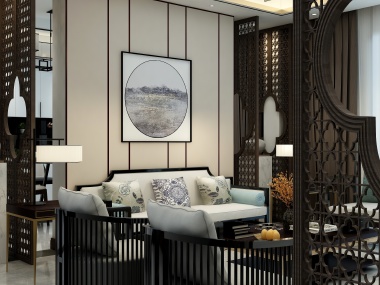 龙南分公司-131㎡新中式客餐厅、茶室装修效果图