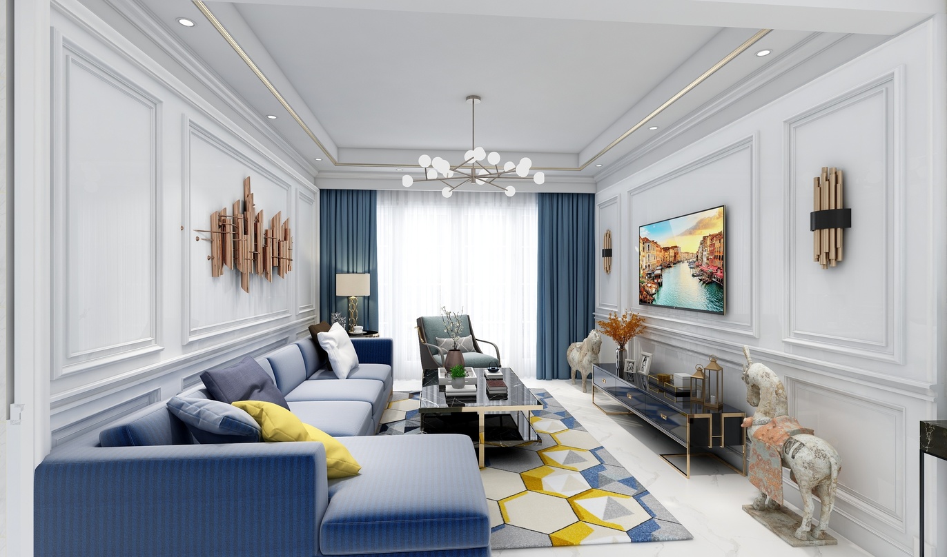 这个是一个客厅的3D渲染图。从视角看，客厅的墙面是白色的，地面是白色的大理石瓷砖。在墙面的右上角，挂着一副装饰有金色边框的画。在画的左侧，有金色的灯饰。沙发是蓝白拼色的，摆放在客厅中间，旁边是咖啡色、蓝色、黄色的组合抱枕。沙发的右边是一组蓝色、白色、金色的电视柜，上面摆放着一个金色的电视，电视的上面是金色的台灯和装饰有金色人像的雕塑。沙发的左边是一组玻璃茶几，上面摆放着一个灰黑色的茶具。茶几的左边是蓝色的门，门框是白色的。