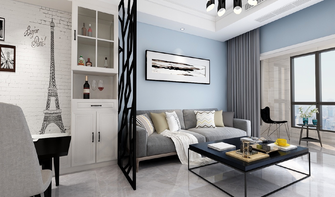 这个客厅的装修风格是现代简约，整体以浅灰色和白色为主，搭配黑色的装饰元素，如沙发、茶几、椅子等，使整个空间呈现出一种优雅、冷静的感觉。墙面是清爽的浅蓝色，搭配白色储物柜，带来清新、自然的感觉。