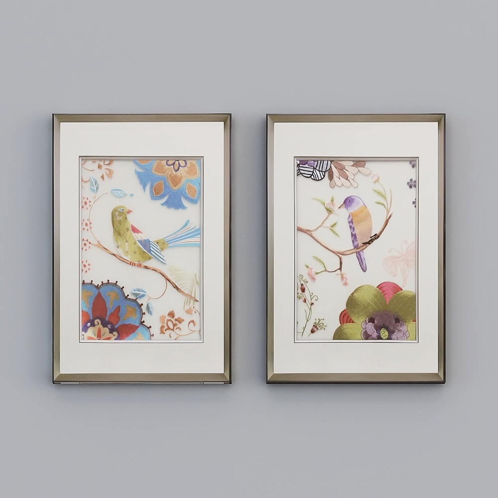 艾尔兰高档装饰画精品刺绣新中式立体画绣花清新花鸟喜鹊花枝北欧客厅餐厅卧室沙发床头两幅画框现代轻奢挂画