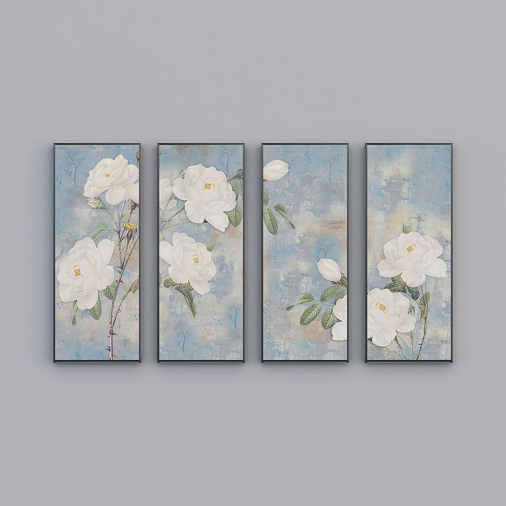 艾尔兰装饰画新中式桅子花卉植物清新花枝叶客厅卧室沙发床头画框四连画拼接四副幅女性现代轻奢挂画N175
