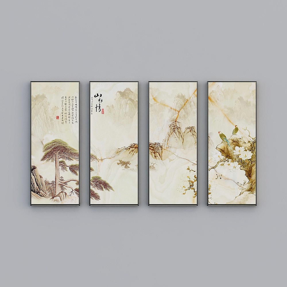 艾尔兰装饰画新中式欧式仿大理石纹山水大气客厅卧室沙发床头画框四连画拼接四副幅北欧现代轻奢挂画K037