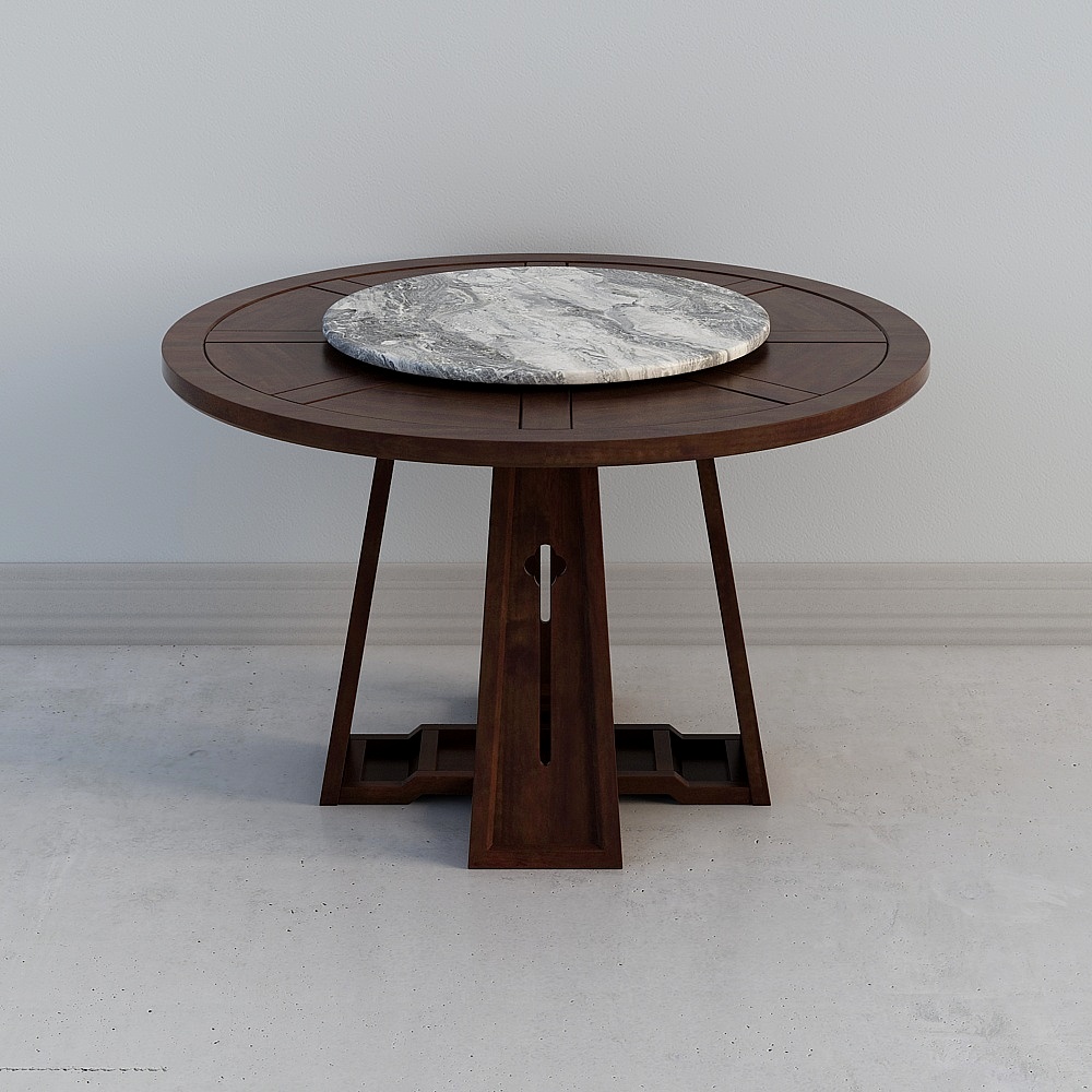 优梵艺术墨澜新中式餐桌实木圆形大理石转盘饭桌家用客厅吃饭桌子