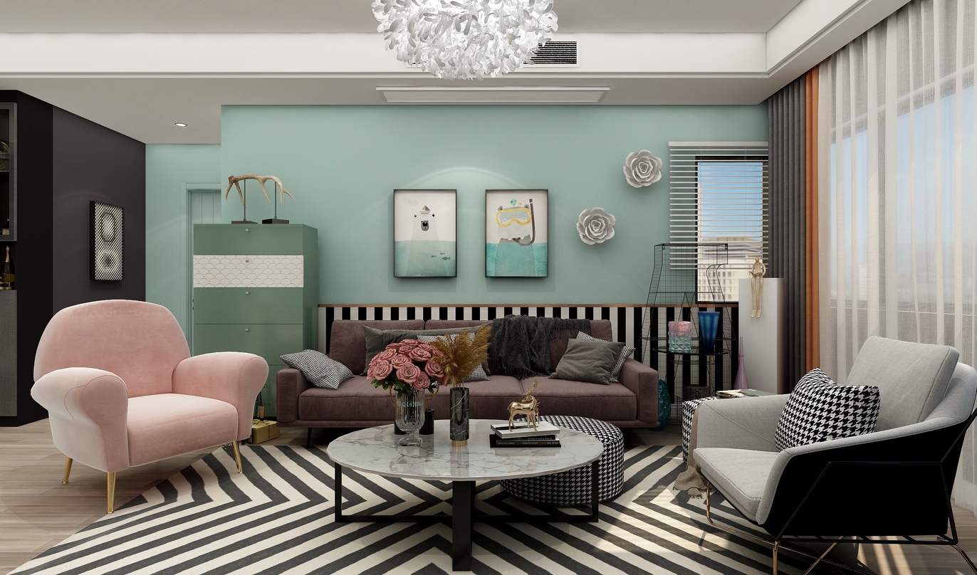 这个客厅空间明亮而宽敞，墙面是蓝绿色，搭配黑白条纹的地毯，显得既时尚又温馨。客厅的中央是一张圆形的白色茶几，茶几上面有一个玻璃花瓶，里面插着粉红色的花朵，增添了几分生机。沙发是黑紫色的，搭配两个彩色的单人沙发，一个是粉色的，一个是绿色的，颜色鲜艳夺目。沙发墙上挂着两幅装饰画，增添艺术气息。地面是原木色的木地板，搭配黑白相间的地毯，既实用又美观。吊顶是一个简单的白色直线石膏板吊顶，没有过多的装饰，突出了空间的开阔感。窗户拉着白色纱帘，既能保证光线，又能避免阳光直射。整个客厅空间布局合理，色彩搭配协调，给人一种舒适的感觉。